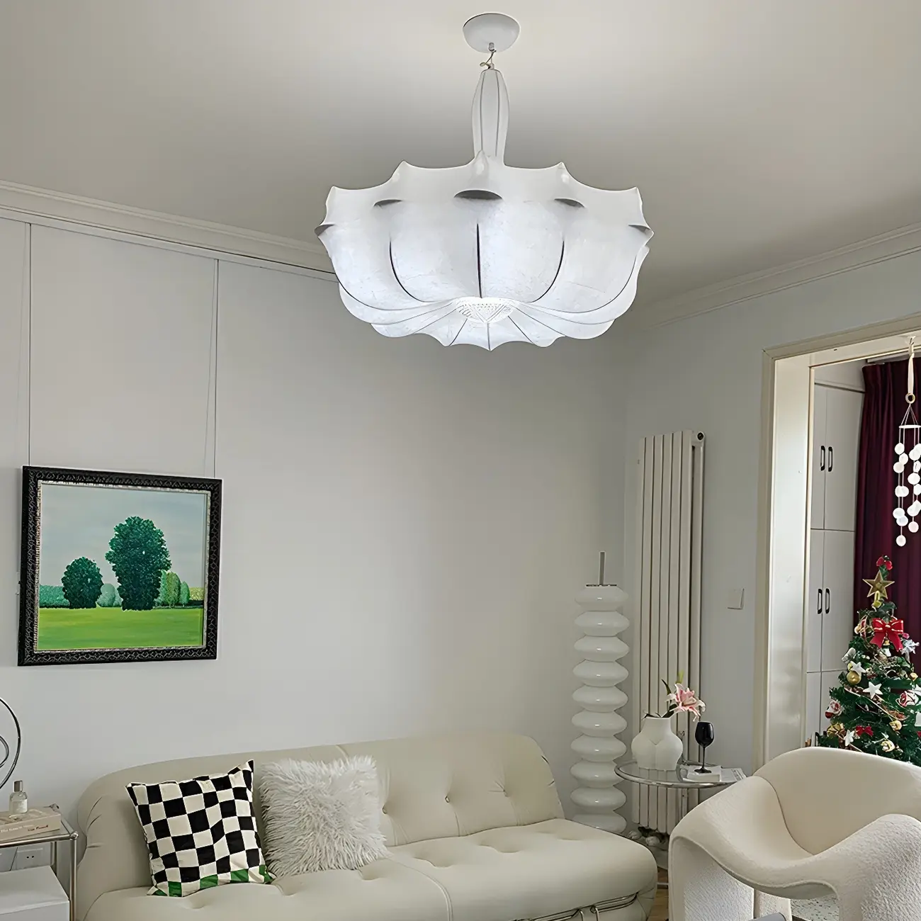 Modern White Flower-Shaped Drum Chandelier Height Adjustable Image - 3 | homeyfad