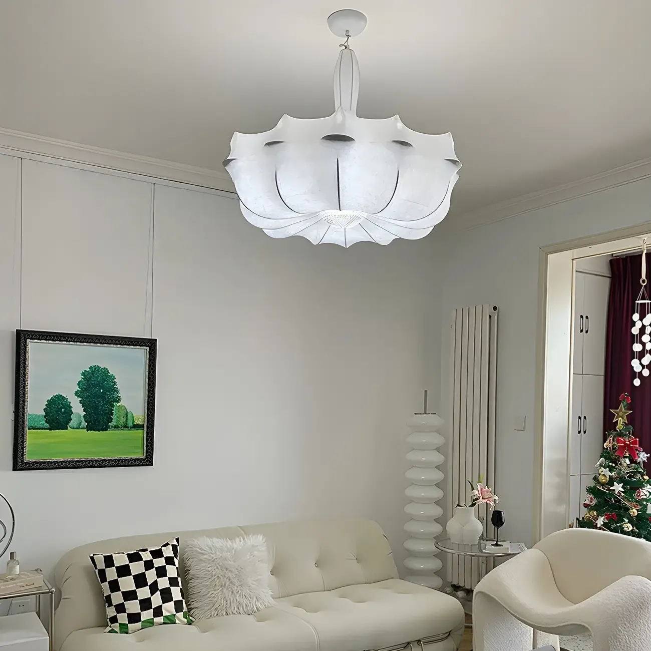 Modern White Flower-Shaped Drum Chandelier Height Adjustable Image - 3