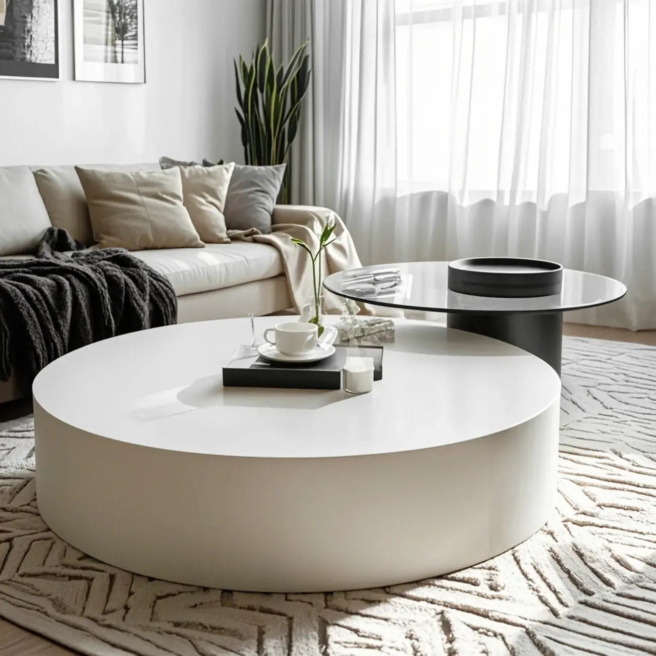 Khaki Round Wood Storage Nesting Coffee Table Image - 1