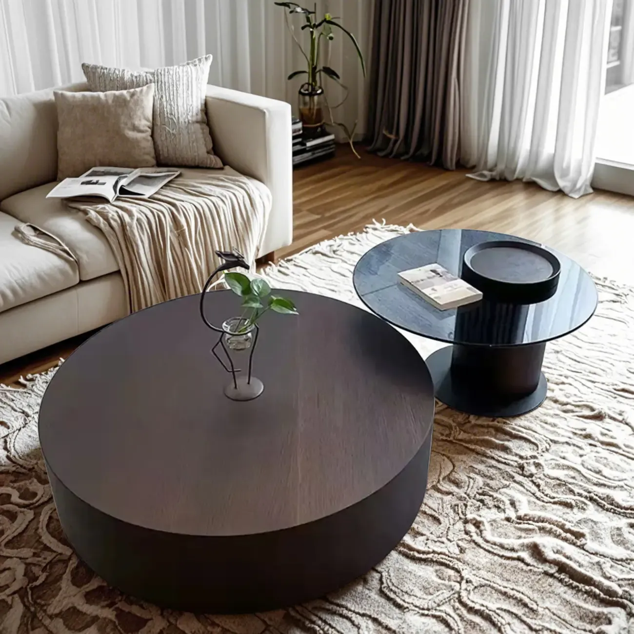 Khaki Round Wood Storage Nesting Coffee Table Image - 3
