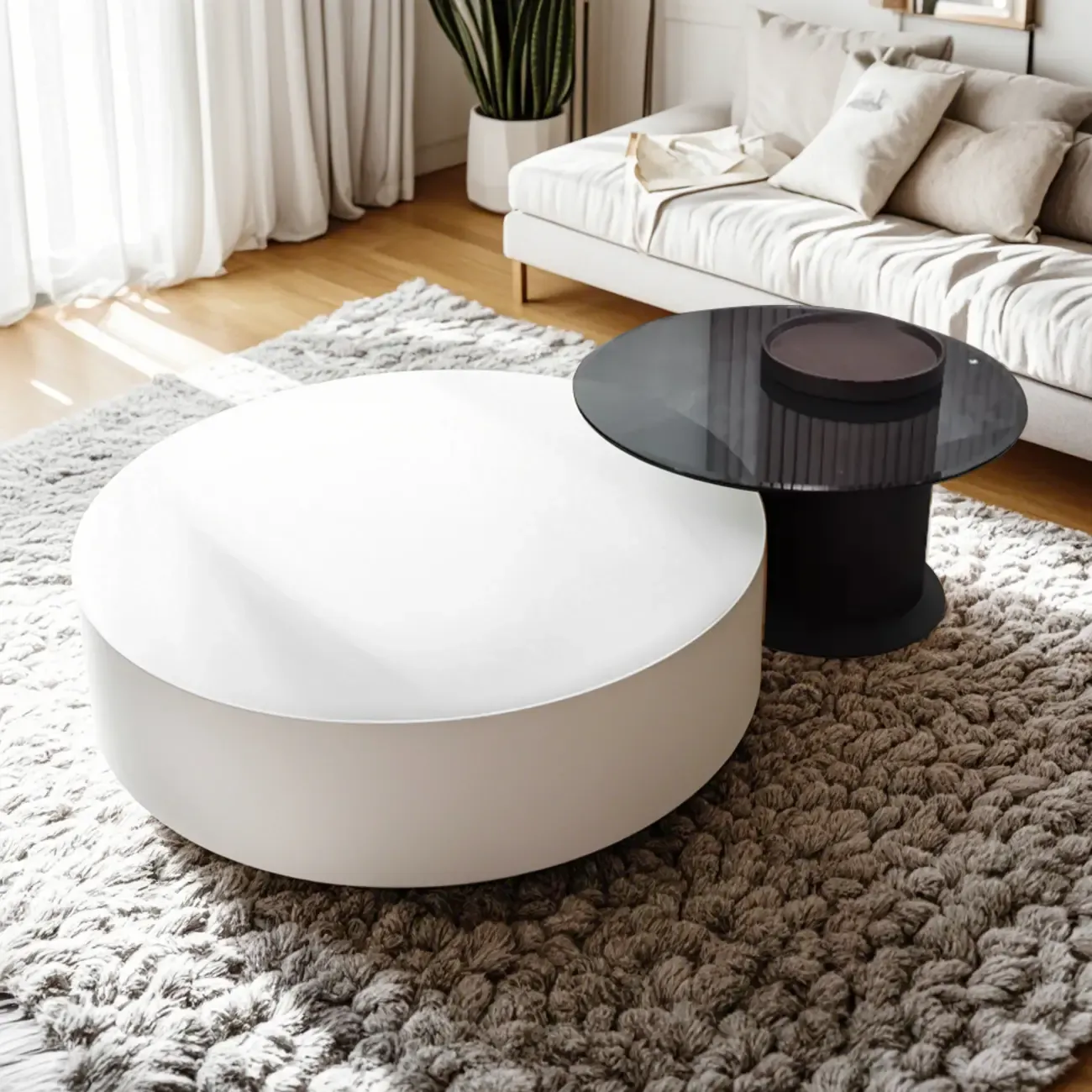 Khaki Round Wood Storage Nesting Coffee Table Image - 4