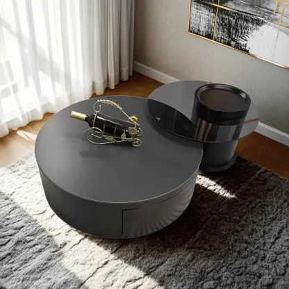 Khaki Round Wood Storage Nesting Coffee Table Image - 5