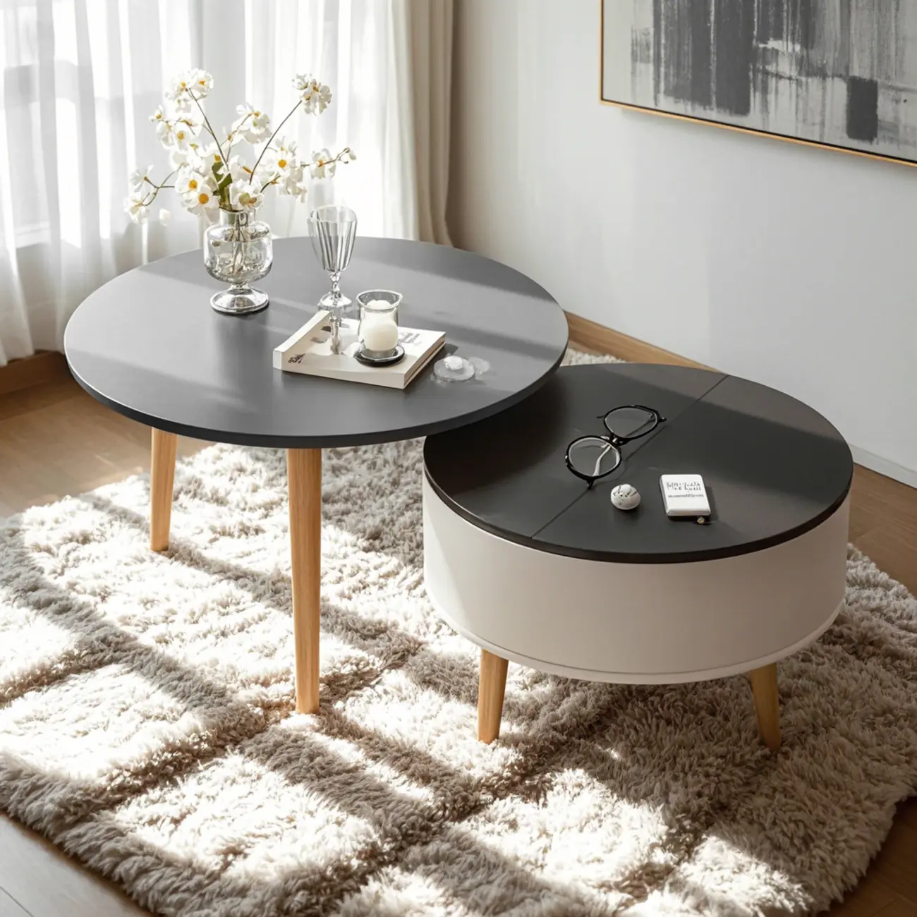 Black White Modern Round Wood Coffee Table with Storage Image - 1 | homeyfad