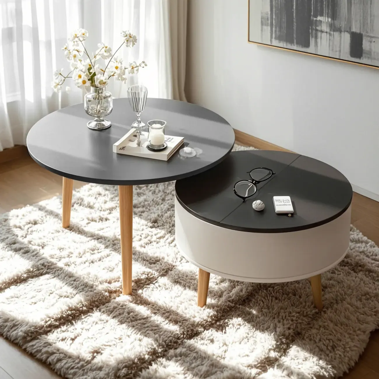 Black White Modern Round Wood Coffee Table with Storage Image - 1