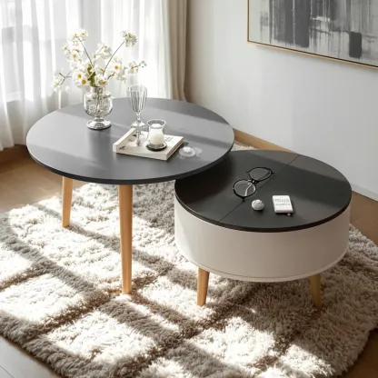 Black White Modern Round Wood Coffee Table with Storage Image - 1