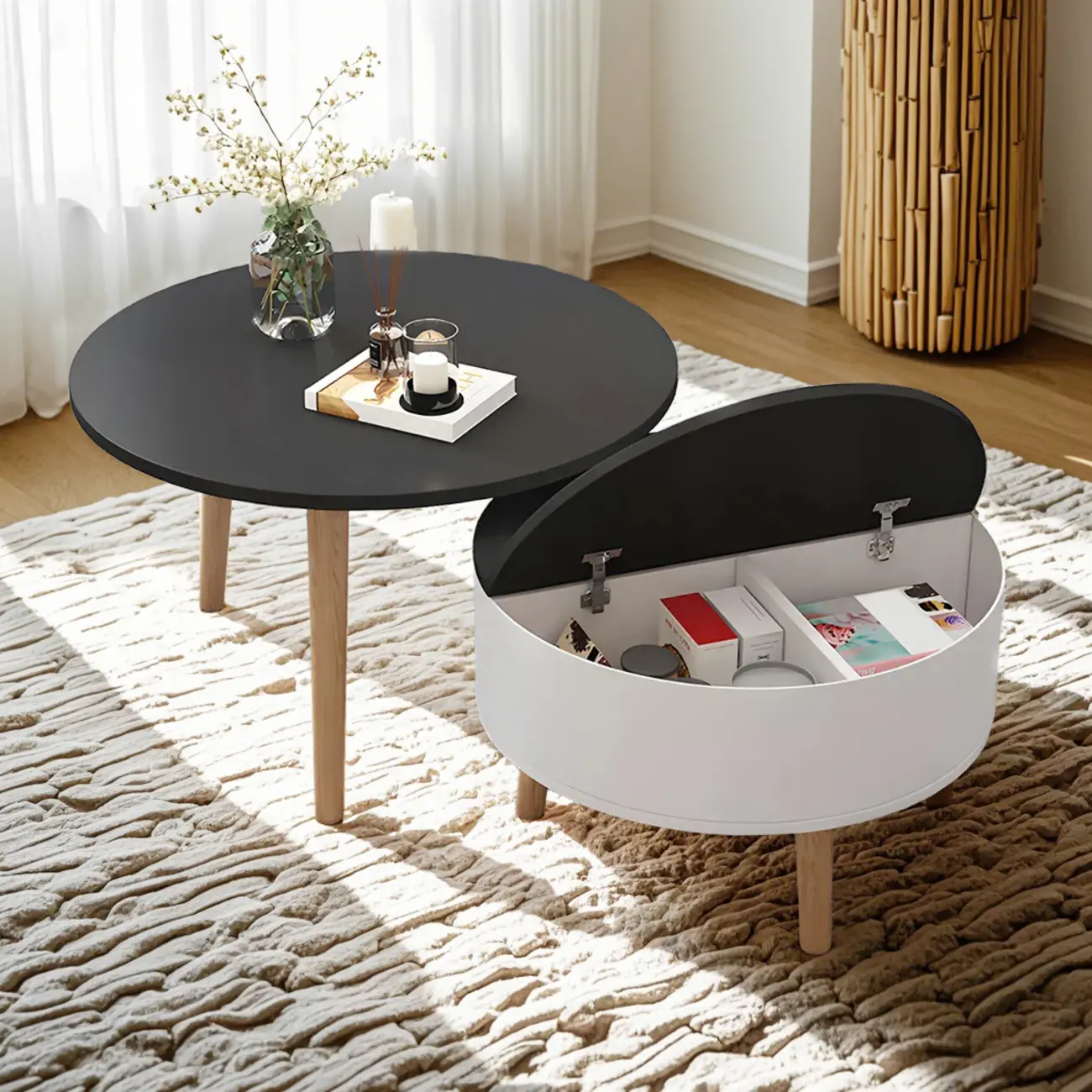 Black White Modern Round Wood Coffee Table with Storage Image - 2 | homeyfad
