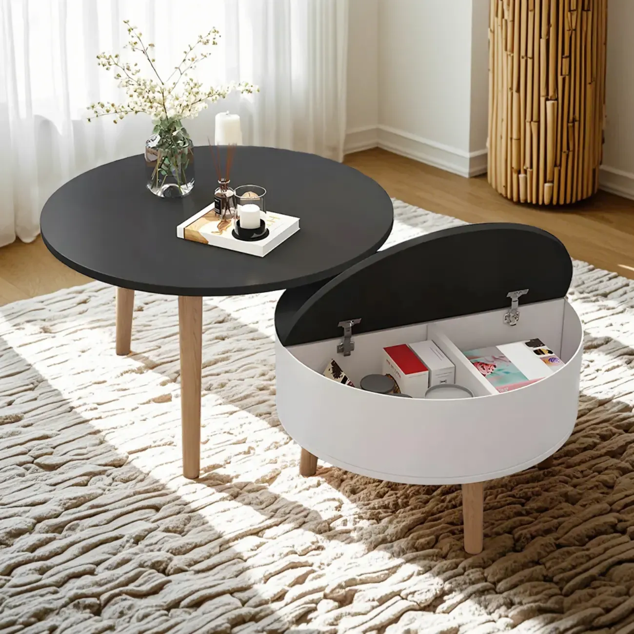 Black White Modern Round Wood Coffee Table with Storage Image - 2