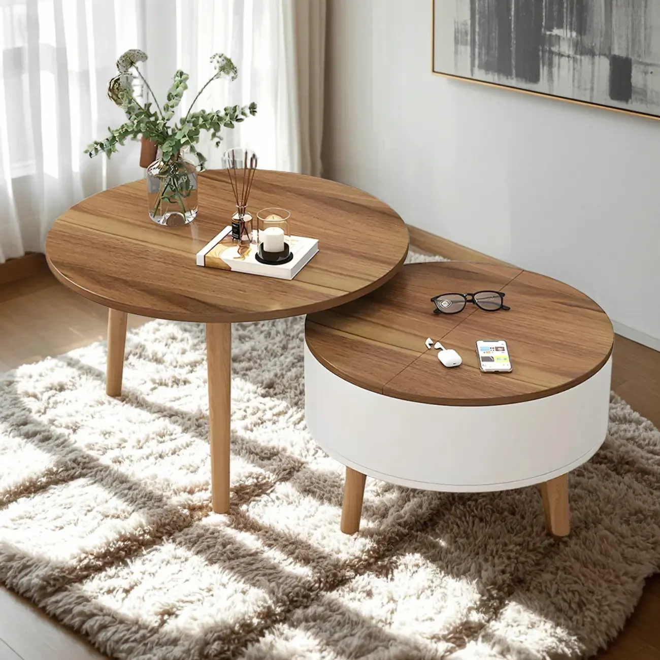 Black White Modern Round Wood Coffee Table with Storage Image - 3