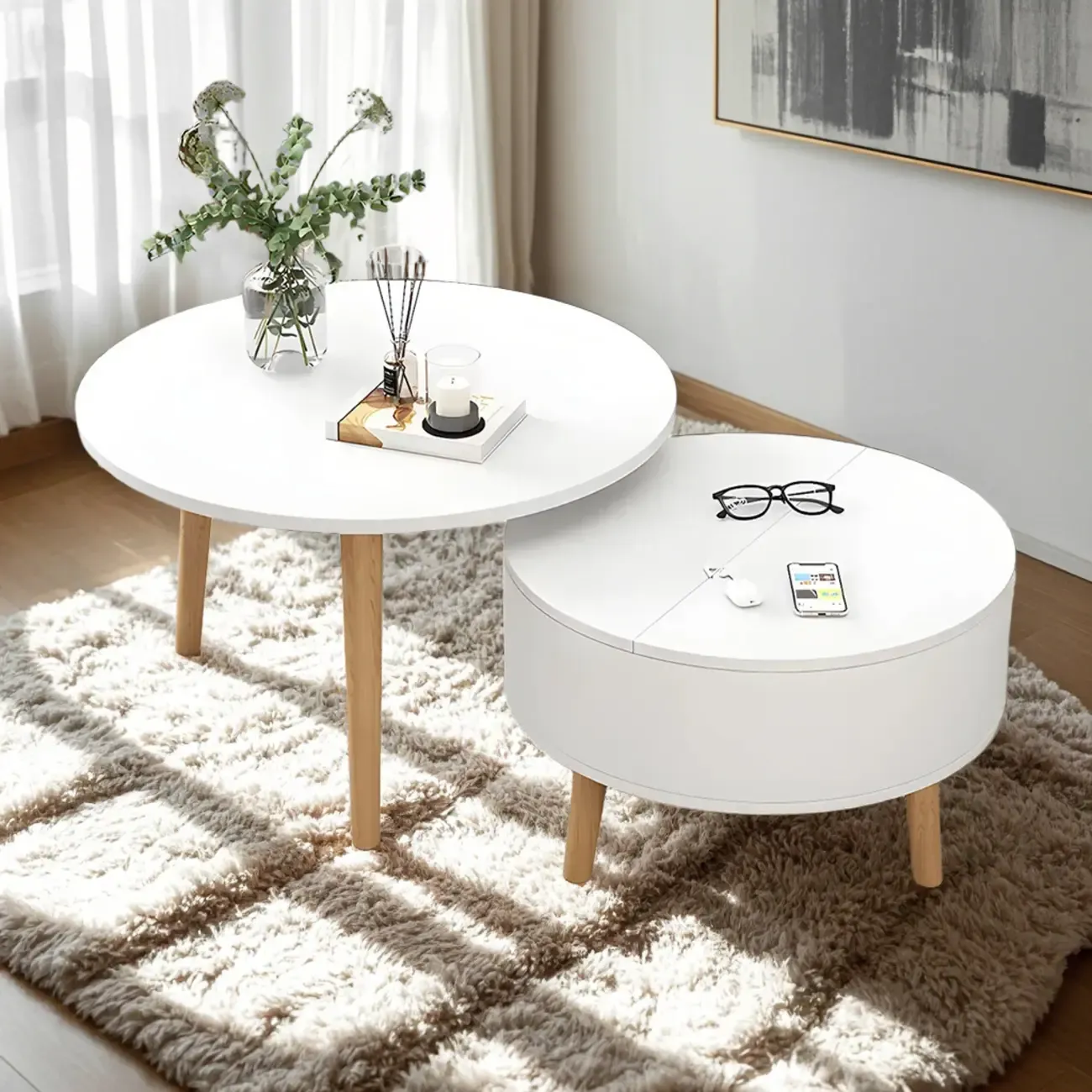 Black White Modern Round Wood Coffee Table with Storage Image - 4