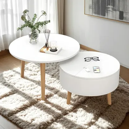 Black White Modern Round Wood Coffee Table with Storage Image - 4