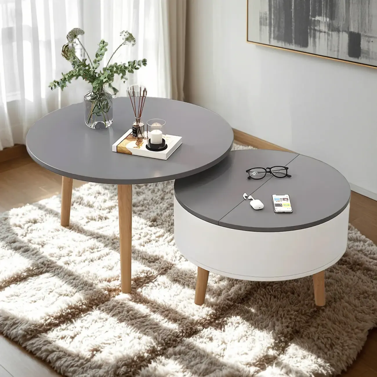 Black White Modern Round Wood Coffee Table with Storage Image - 5