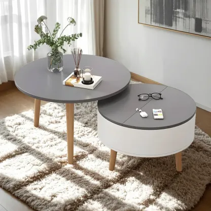 Black White Modern Round Wood Coffee Table with Storage Image - 5