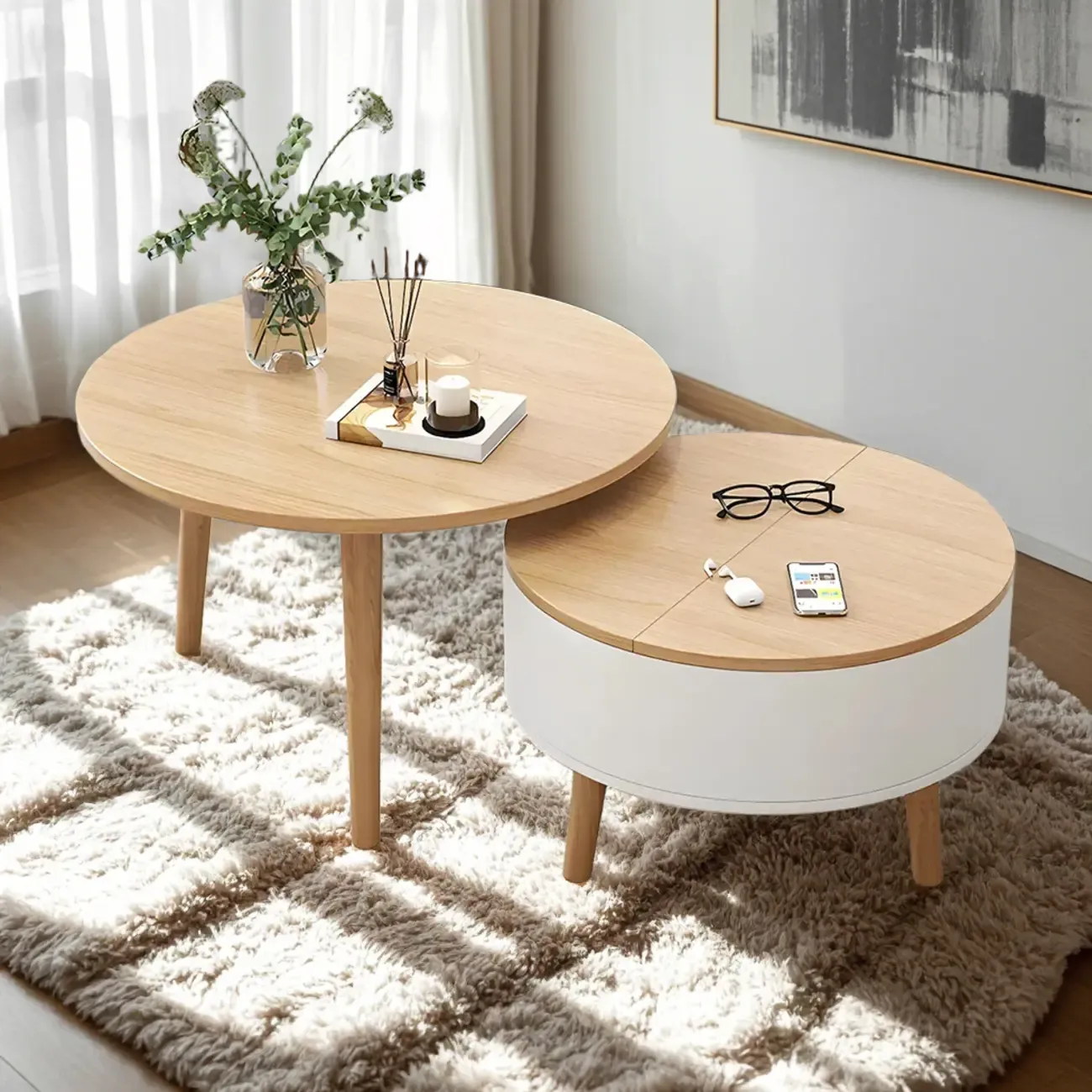 Black White Modern Round Wood Coffee Table with Storage Image - 6
