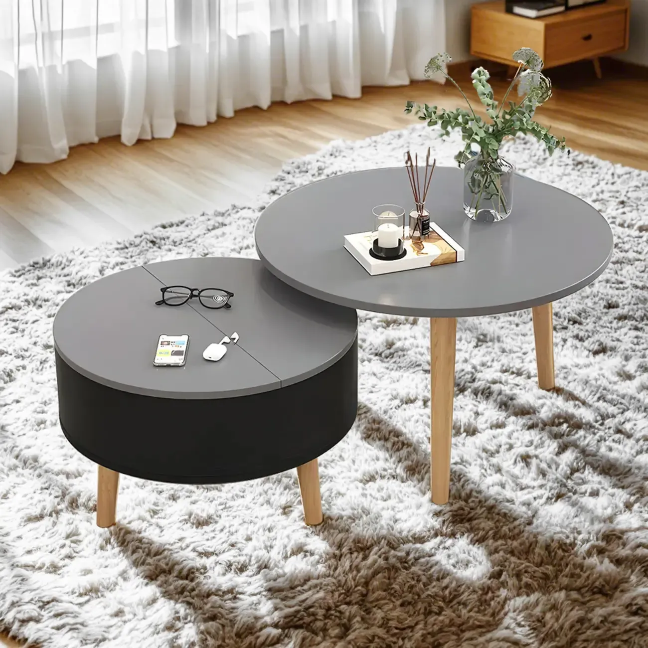 Black White Modern Round Wood Coffee Table with Storage Image - 7