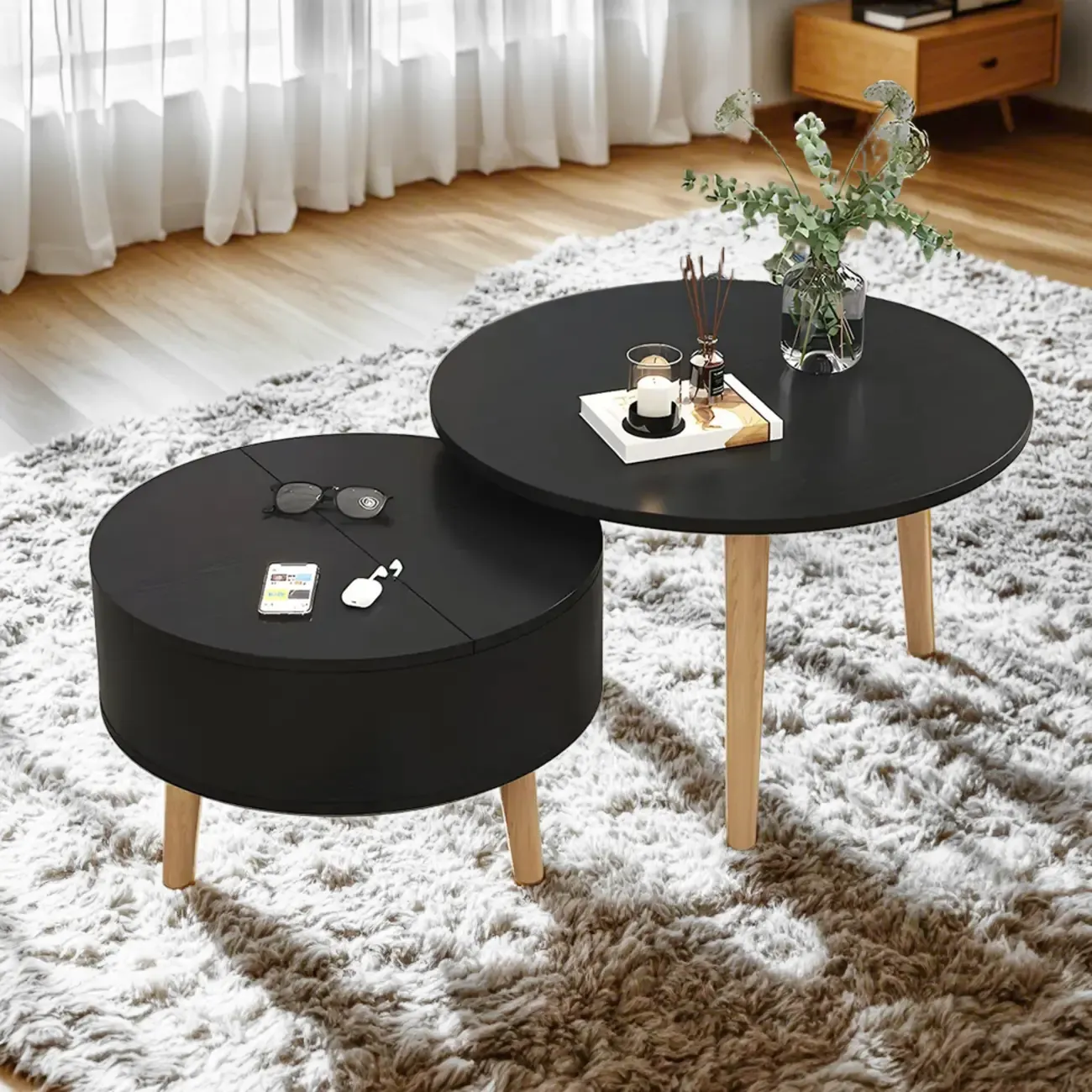 Black White Modern Round Wood Coffee Table with Storage Image - 8