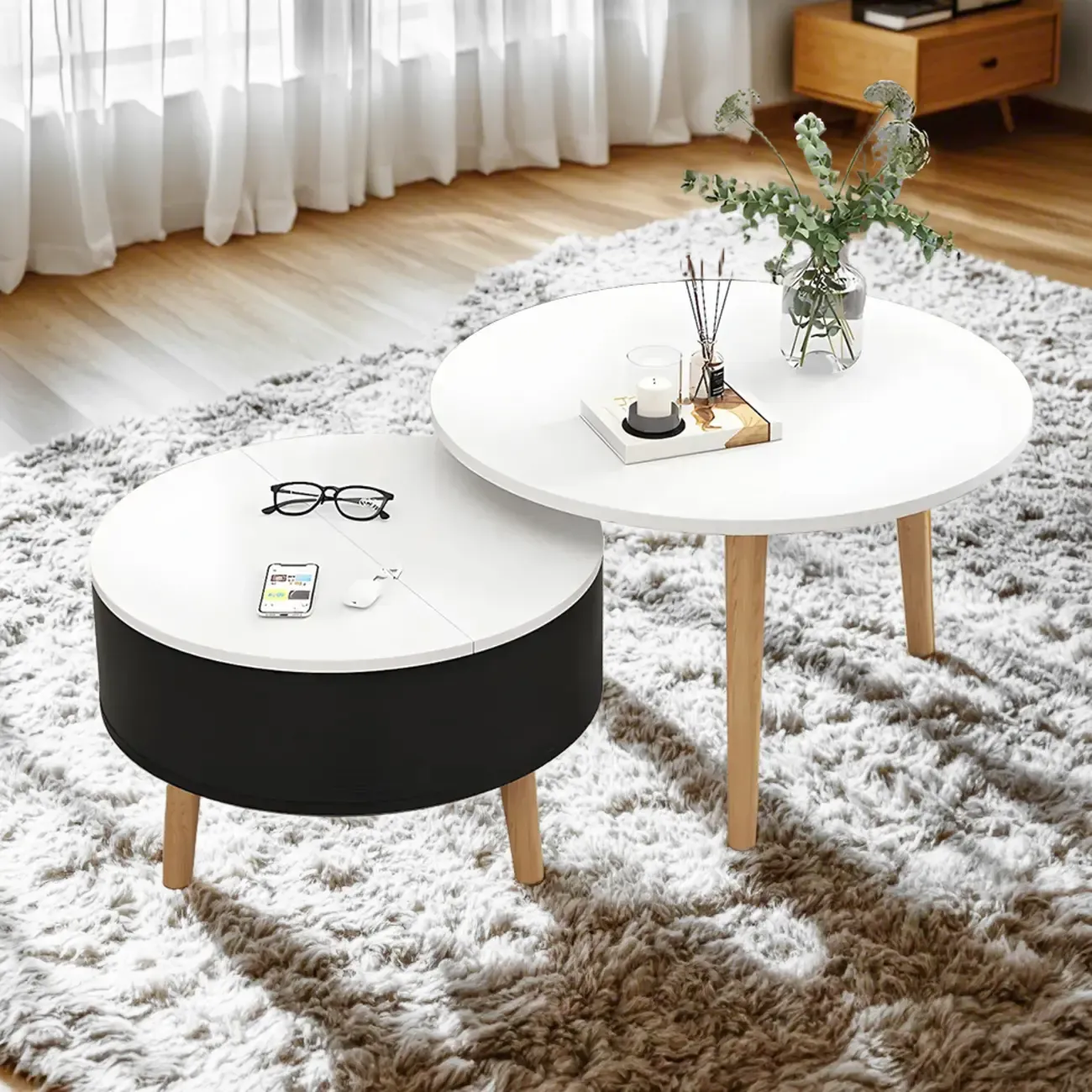 Black White Modern Round Wood Coffee Table with Storage Image - 9