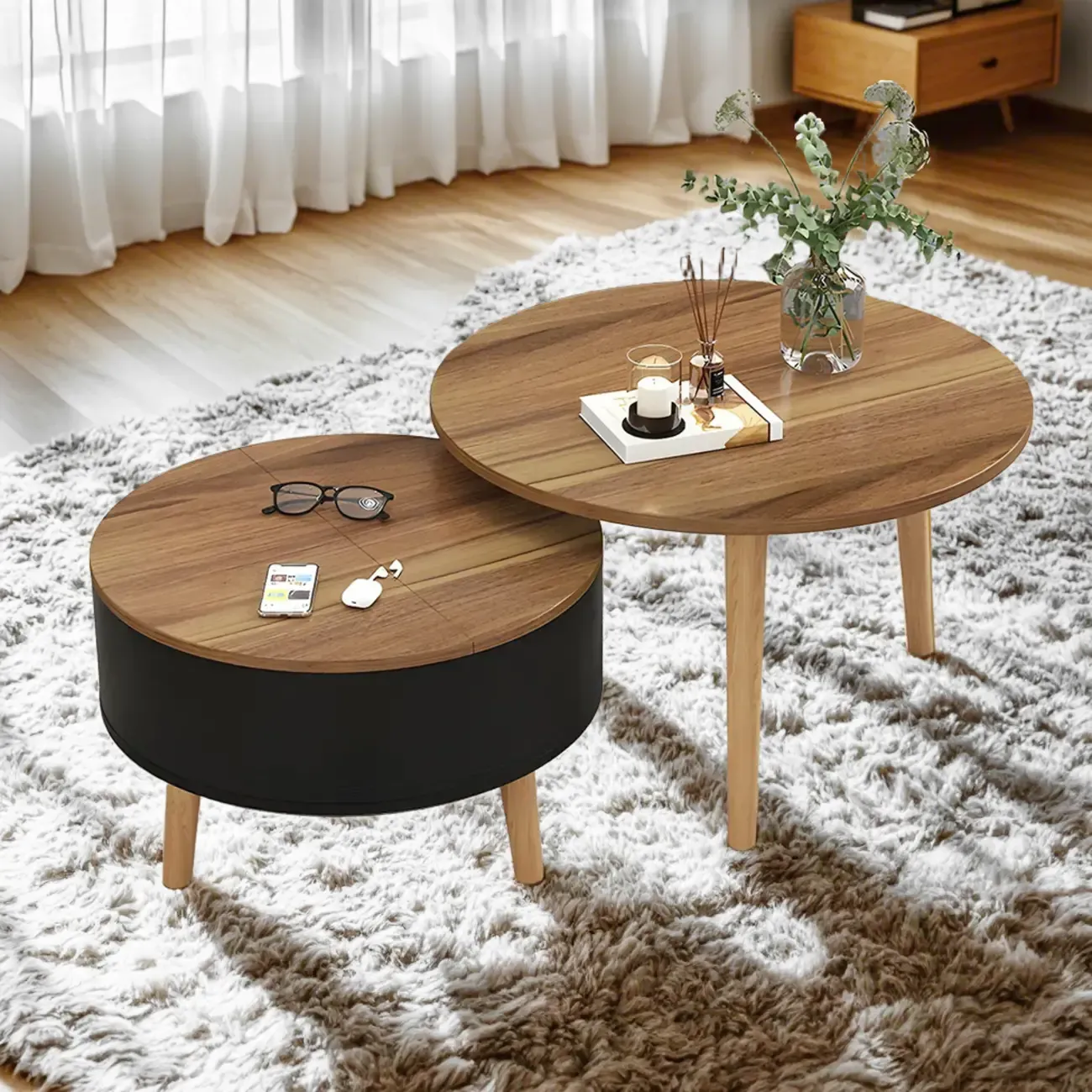 Black White Modern Round Wood Coffee Table with Storage Image - 10