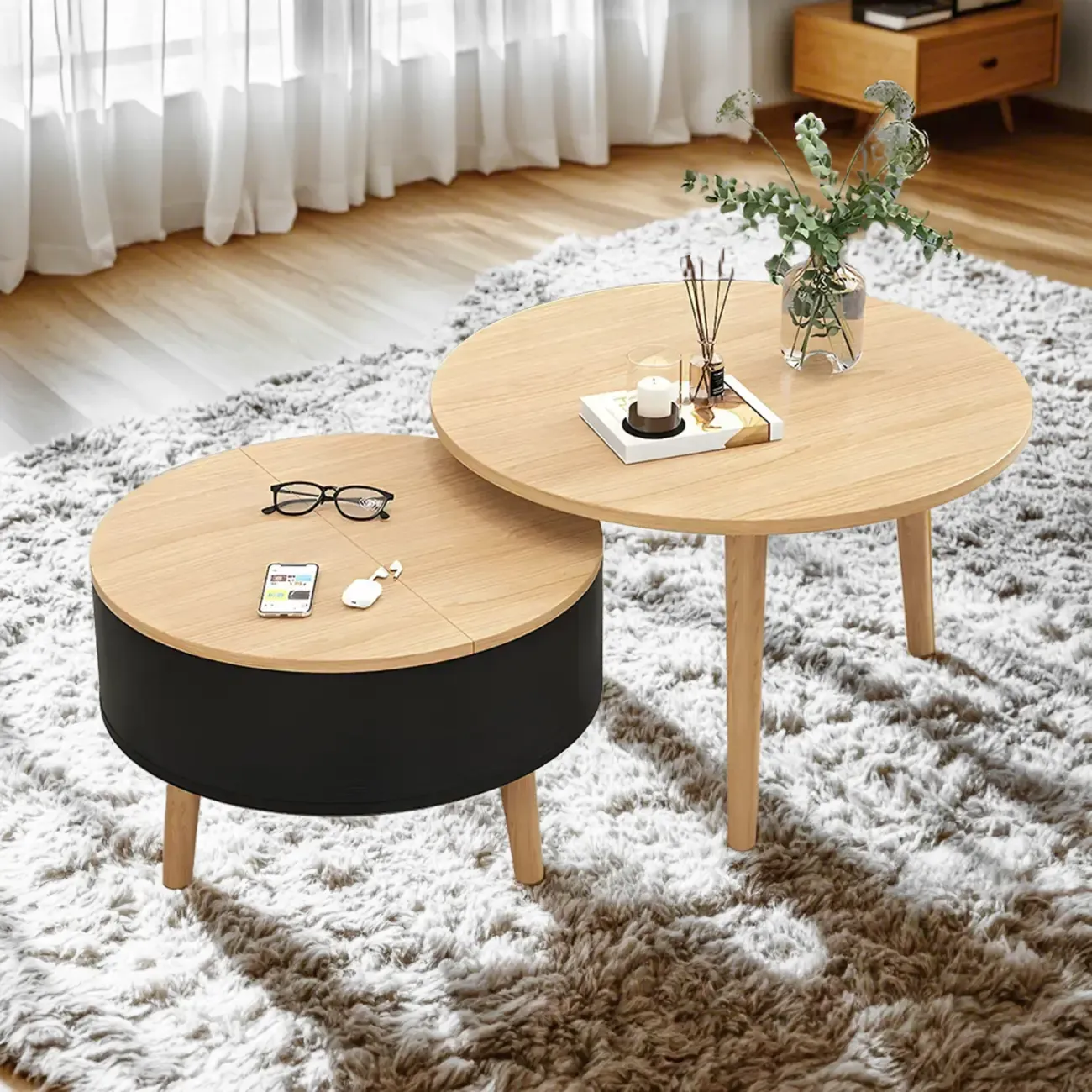 Black White Modern Round Wood Coffee Table with Storage Image - 11