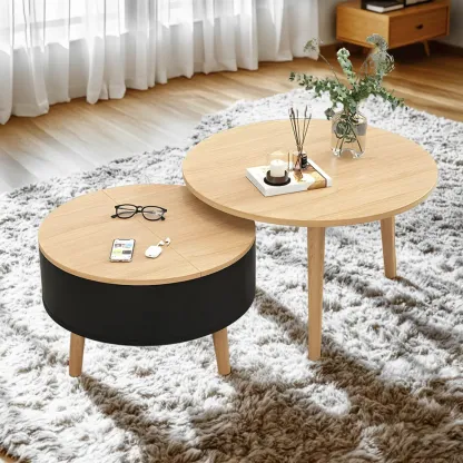 Black White Modern Round Wood Coffee Table with Storage Image - 11