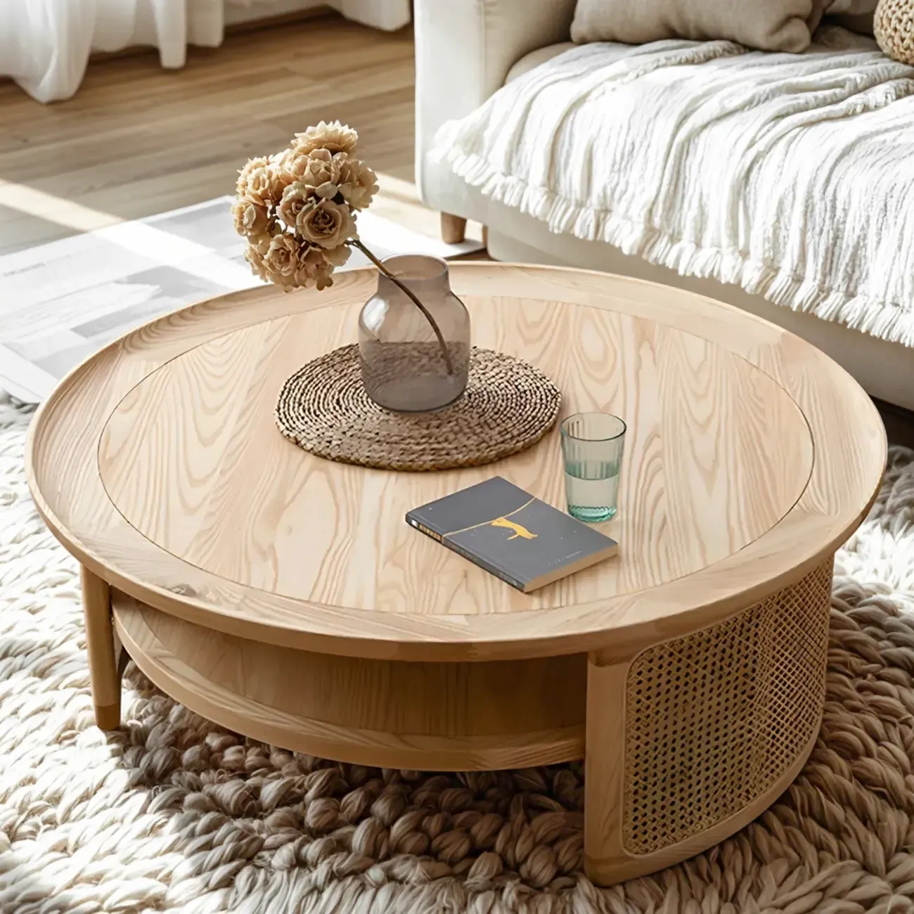 Ash Round Shelf Coffee Table with Rattan Accent Image - 1