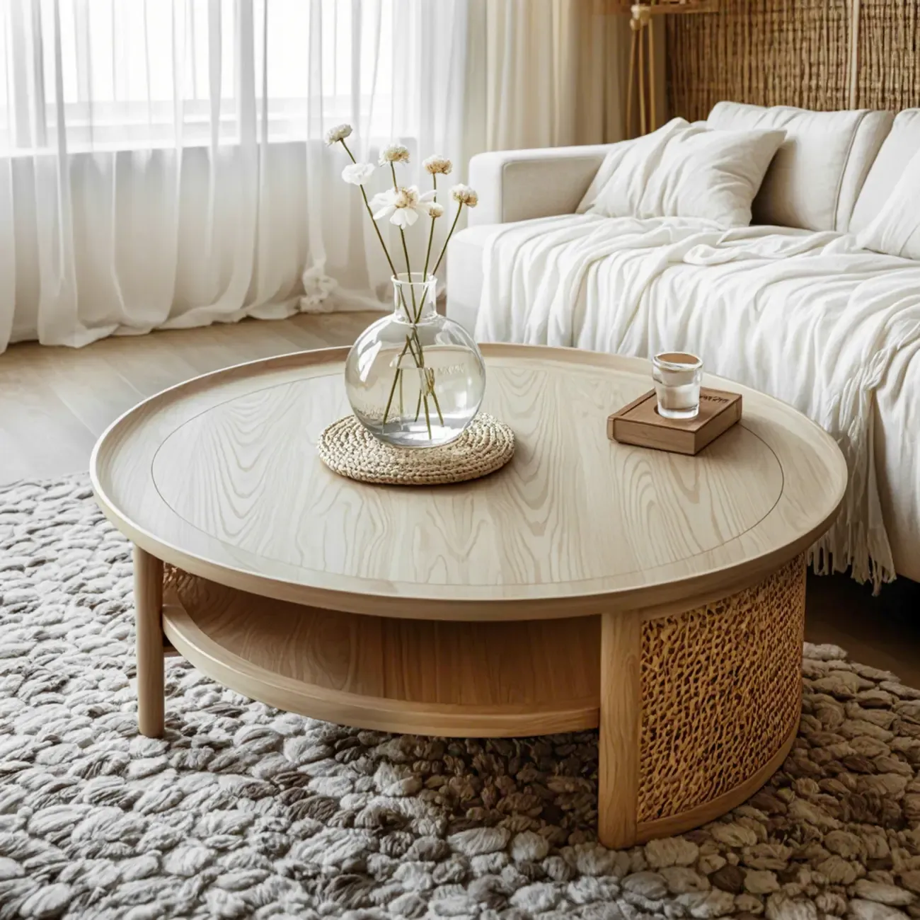 Ash Round Shelf Coffee Table with Rattan Accent Image - 2