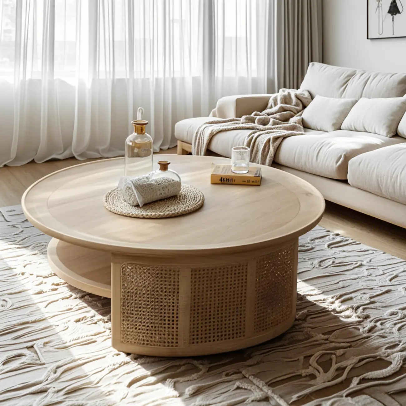 Ash Round Shelf Coffee Table with Rattan Accent Image - 3 | homeyfad