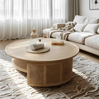 Ash Round Shelf Coffee Table with Rattan Accent Image - 3