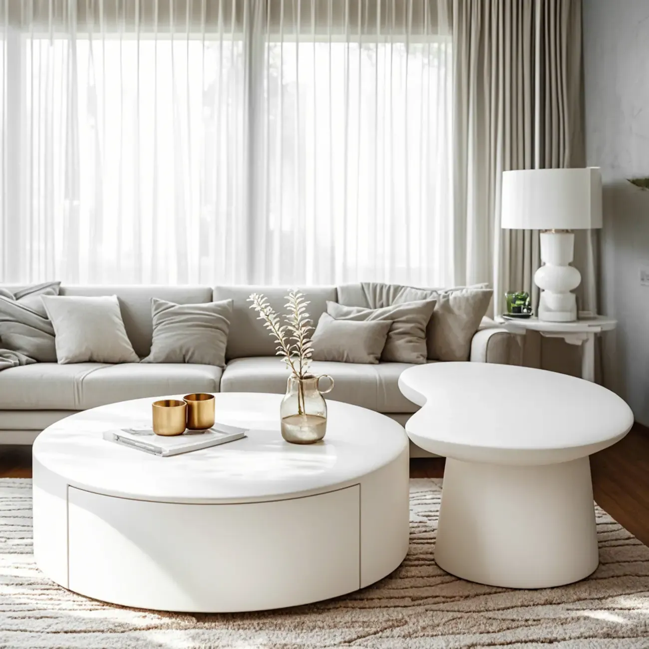 Modern White Round Wooden Coffee Table with Storage Image - 1