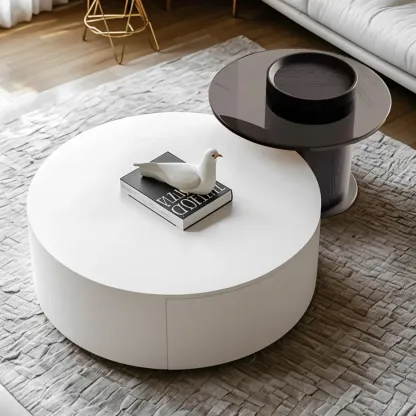 Modern White Round Wooden Coffee Table with Storage Image - 2