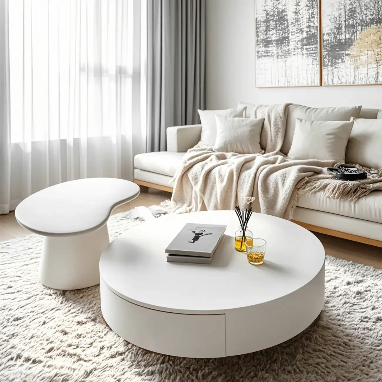 Modern White Round Wooden Coffee Table with Storage Image - 3