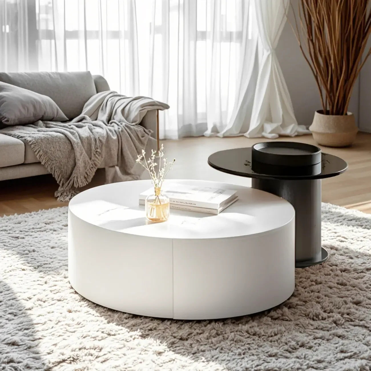 Modern White Round Wooden Coffee Table with Storage Image - 4