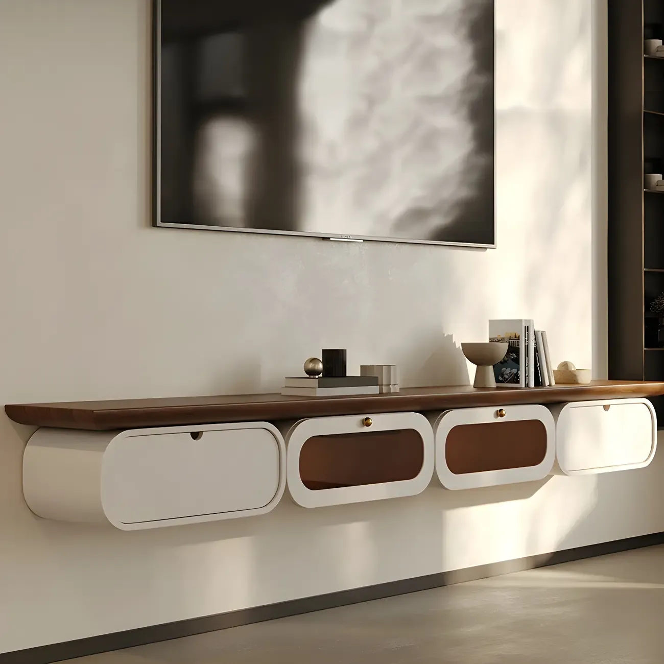 Brown Modern Wood Floating TV Stand with Storage Drawers | HomeyFad