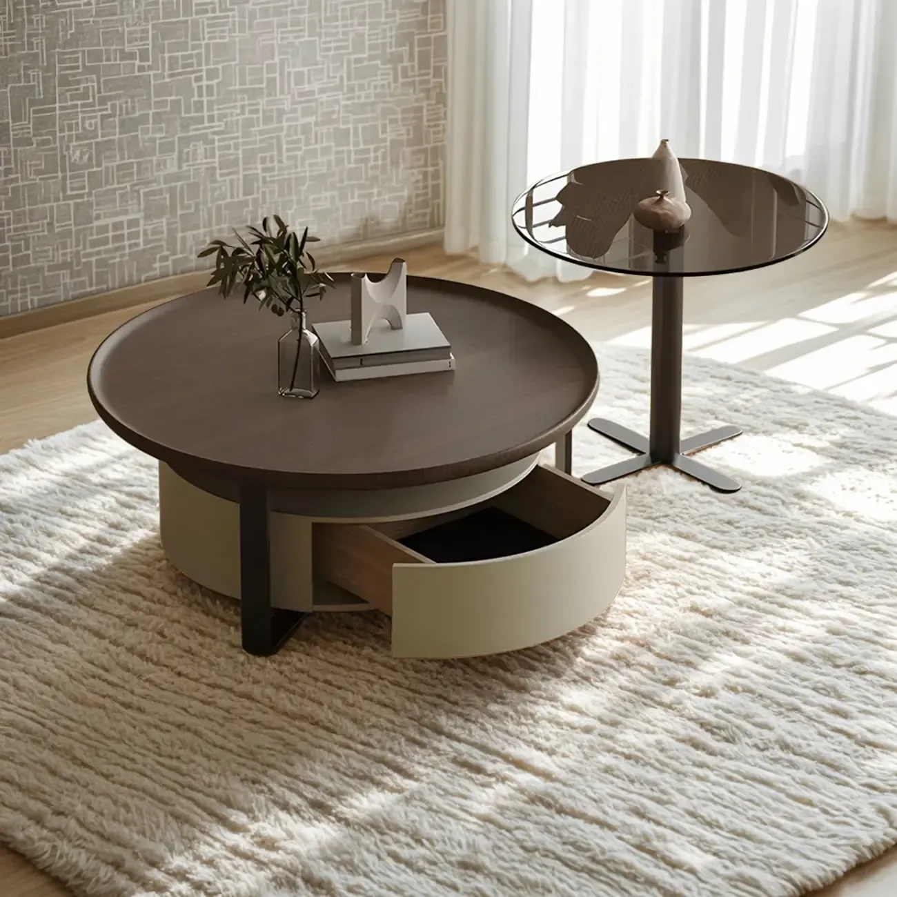 Modern Brown Wood Glass Round Coffee Table with Storage Image - 1