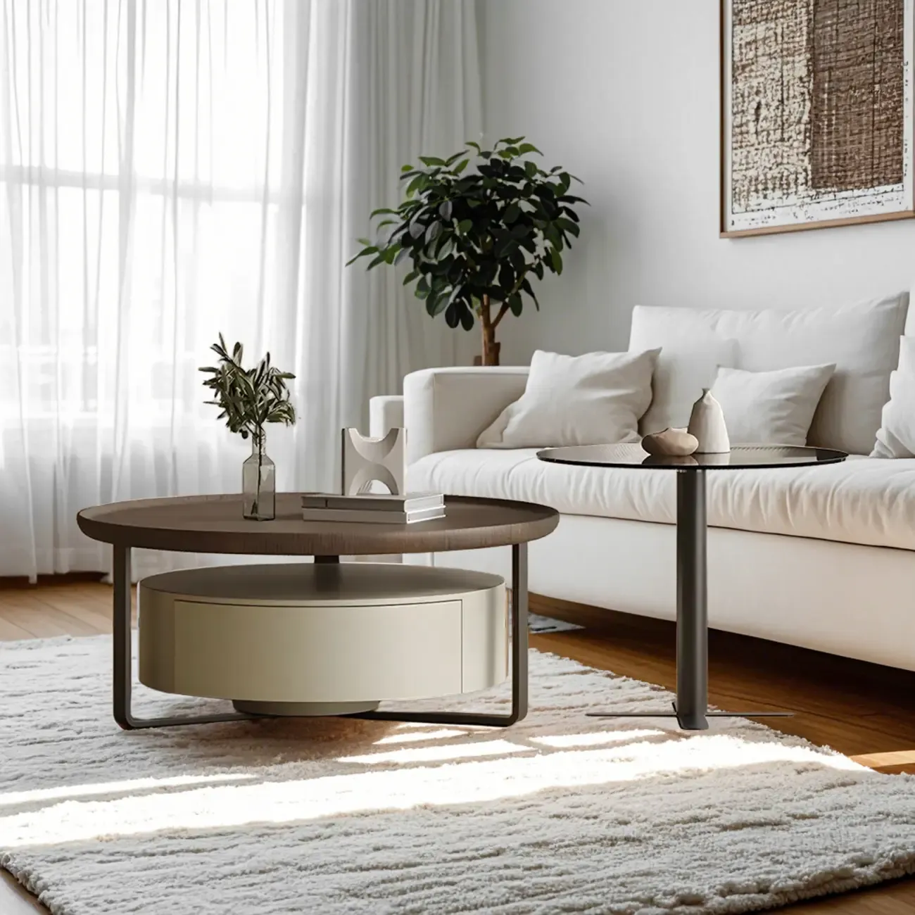 Modern Brown Wood Glass Round Coffee Table with Storage Image - 3