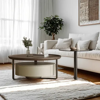 Modern Brown Wood Glass Round Coffee Table with Storage Image - 3