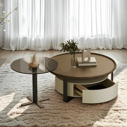 Modern Brown Wood Glass Round Coffee Table with Storage Image - 4