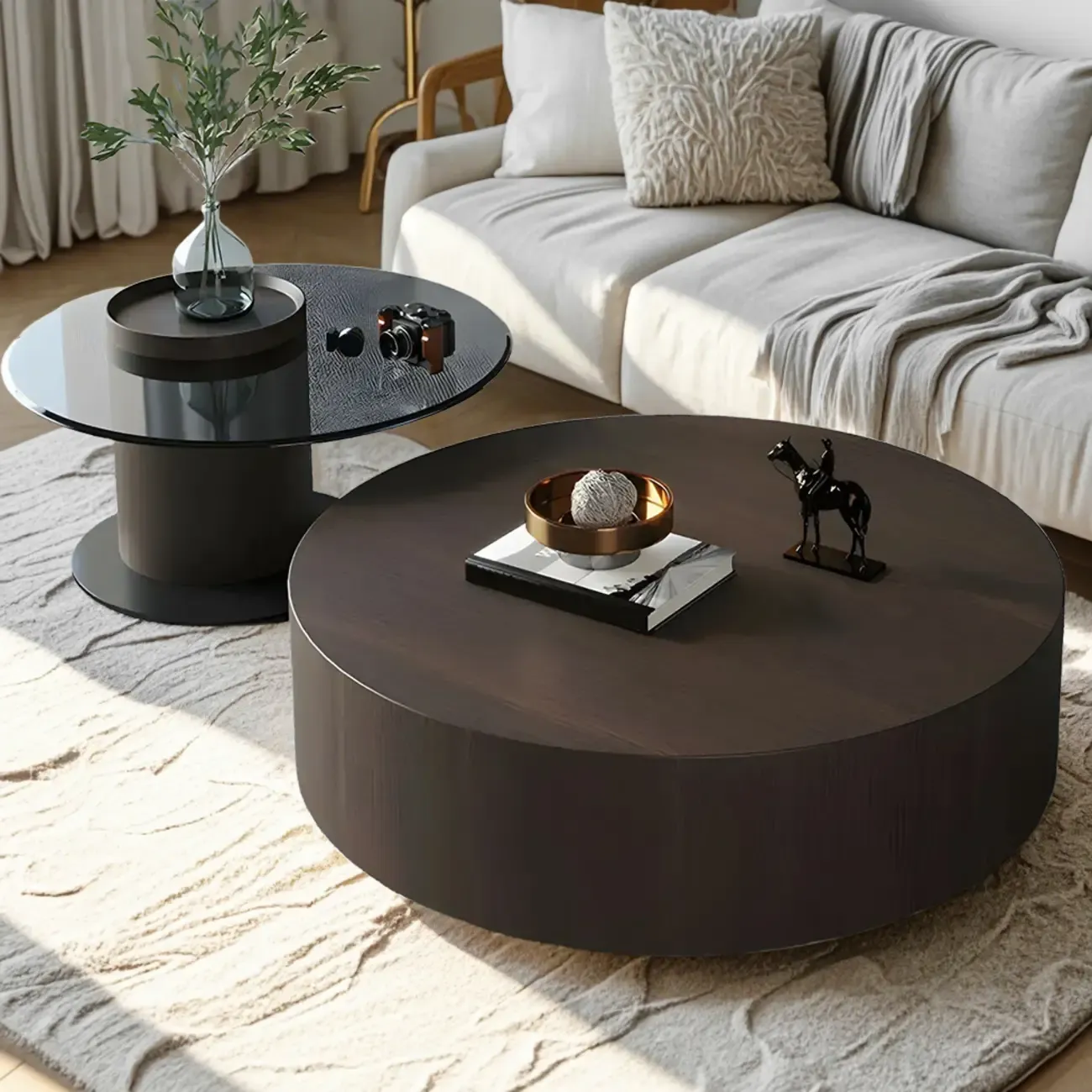 Dark Modern Nesting Round Wood Drawer Coffee Table Image - 1