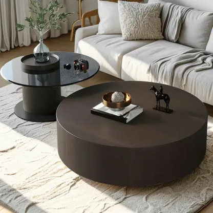 Dark Modern Nesting Round Wood Drawer Coffee Table Image - 1