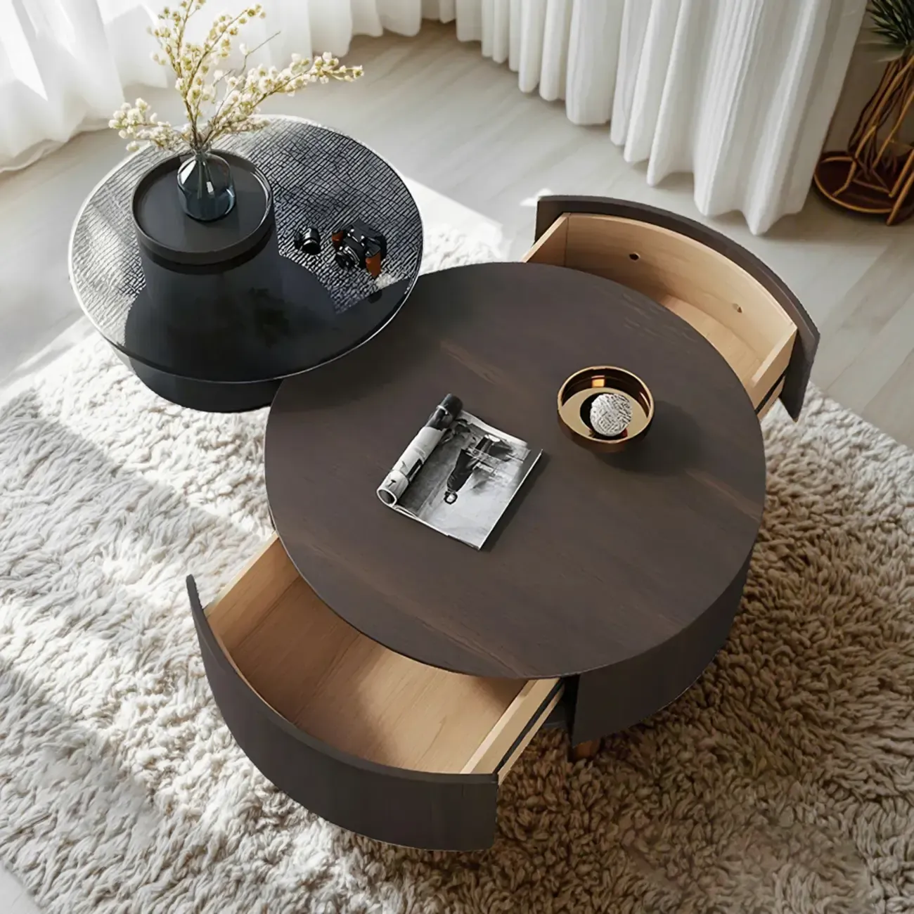 Dark Modern Nesting Round Wood Drawer Coffee Table Image - 2