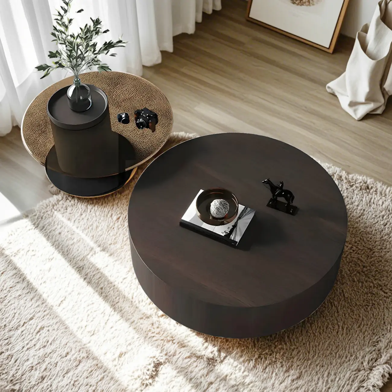 Dark Modern Nesting Round Wood Drawer Coffee Table Image - 3 | homeyfad