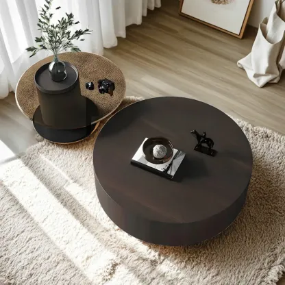 Dark Modern Nesting Round Wood Drawer Coffee Table Image - 3