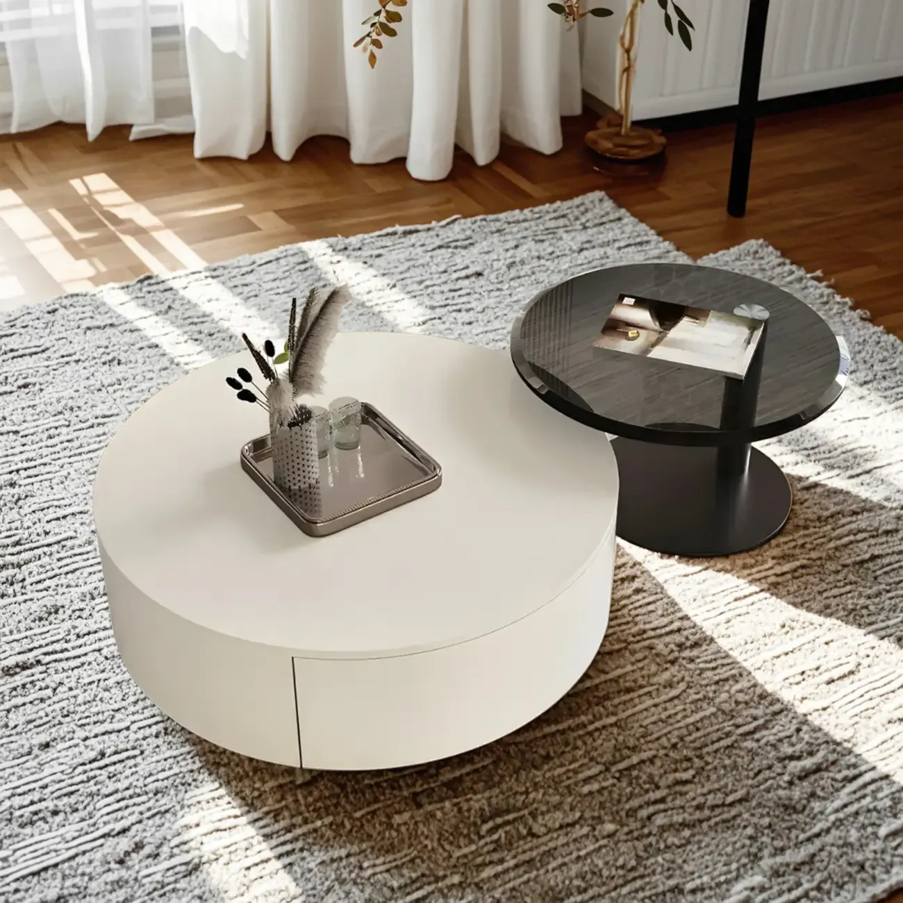 Modern Nesting Round Wood and Glass Coffee Table with Storage Image - 1