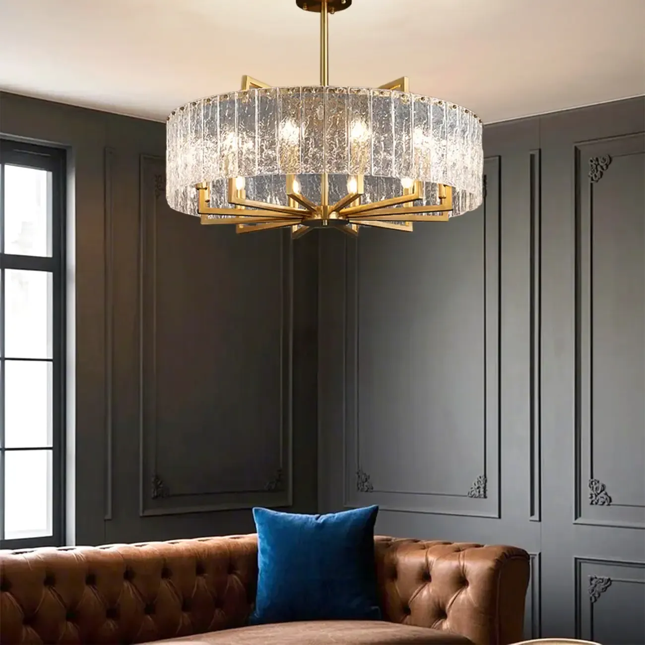 Modern Round Brass Crystal Chandeliers for Living Room Image - 2