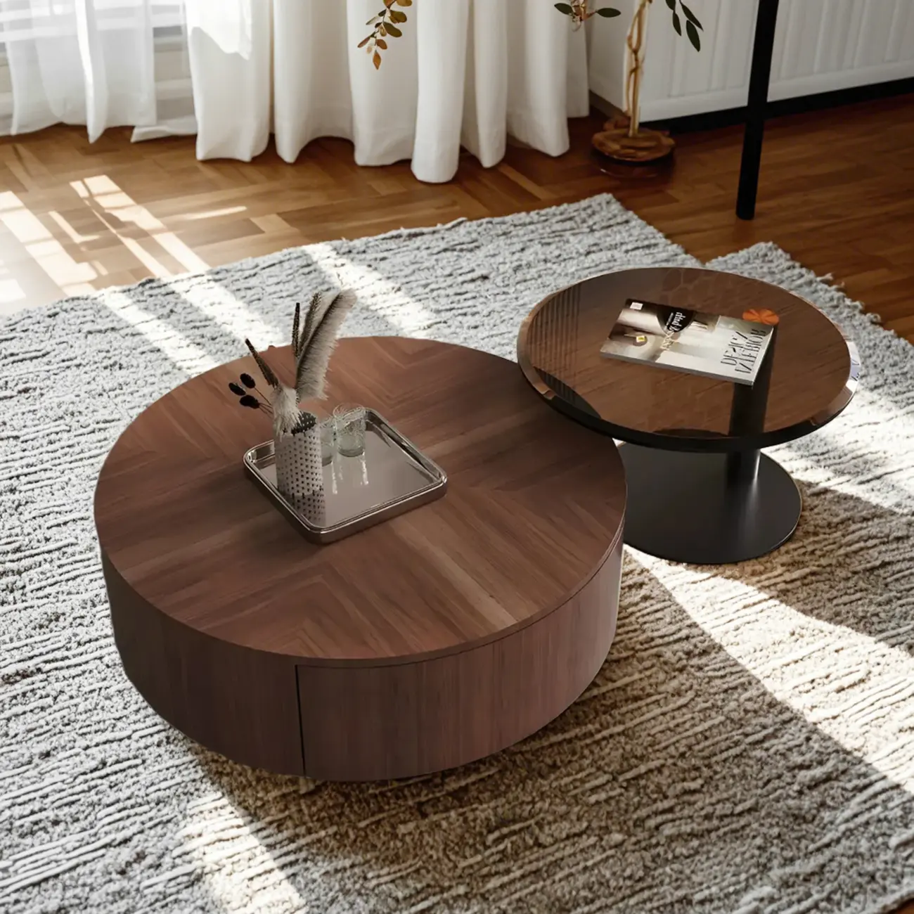 Modern Nesting Round Wood and Glass Coffee Table with Storage Image - 2 | homeyfad