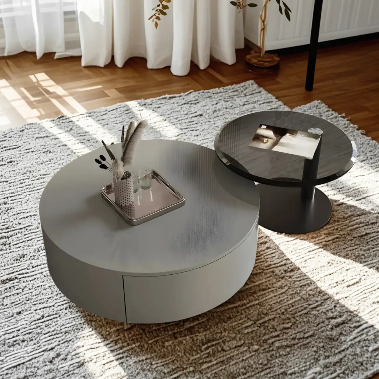 Modern Nesting Round Wood and Glass Coffee Table with Storage Image - 4