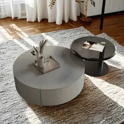 Modern Nesting Round Wood and Glass Coffee Table with Storage Image - 4