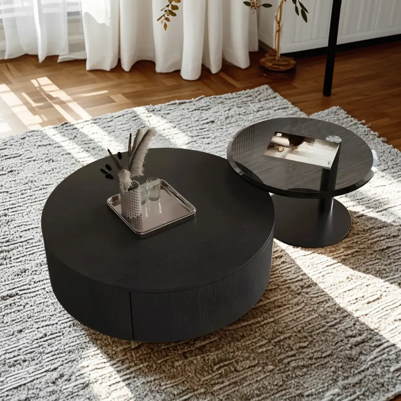 Modern Nesting Round Wood and Glass Coffee Table with Storage Image - 5