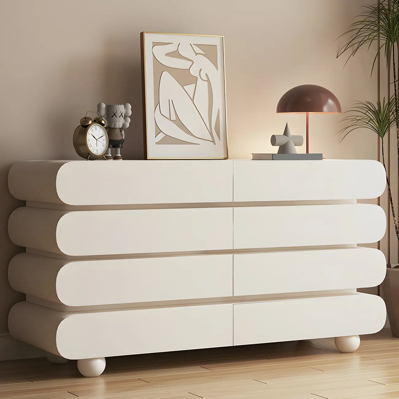 Glam White Oval Wooden Double Dresser with Soft Close Drawers Image - 3 | homeyfad