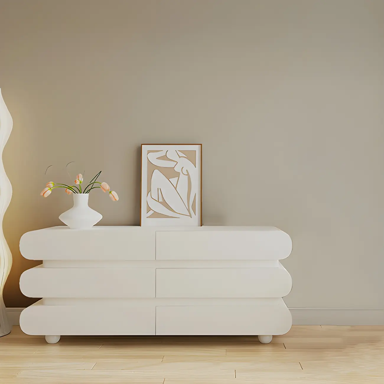 Glam White Oval Wooden Double Dresser with Soft Close Drawers Image - 5 | homeyfad