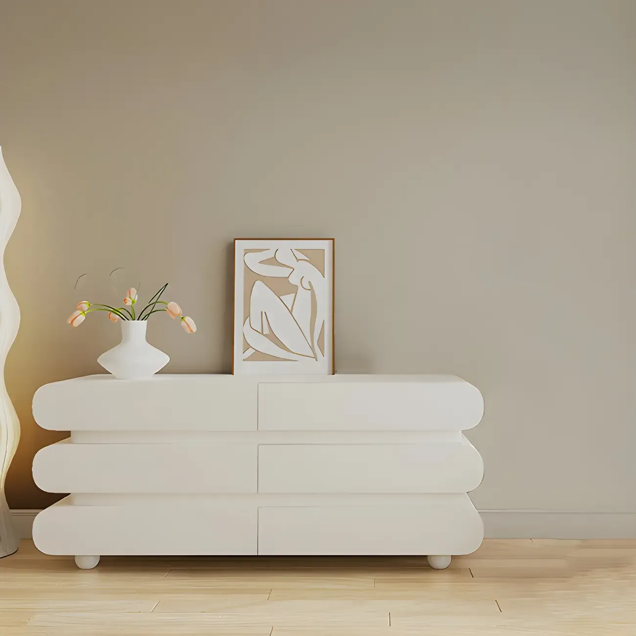 Glam White Oval Wooden Double Dresser with Soft Close Drawers Image - 5